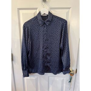 Mango Blue Satin Floral Print Button Down Shirt sz 4 EUC